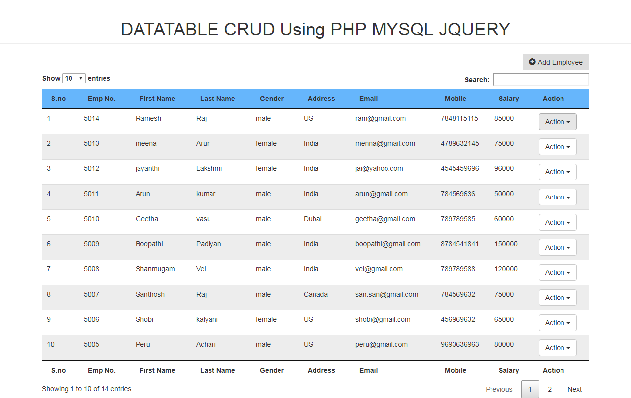 DATATABLE CRUD Using PHP MYSQL JQUERY
