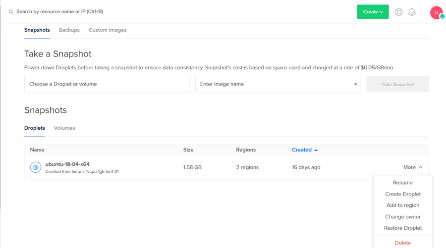 Digitalocean.com droplets manager create get and delete