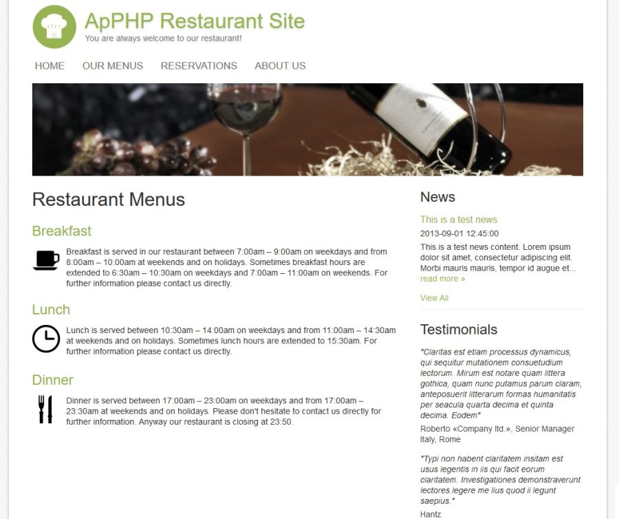 PHP Restaurant Menu Online Site