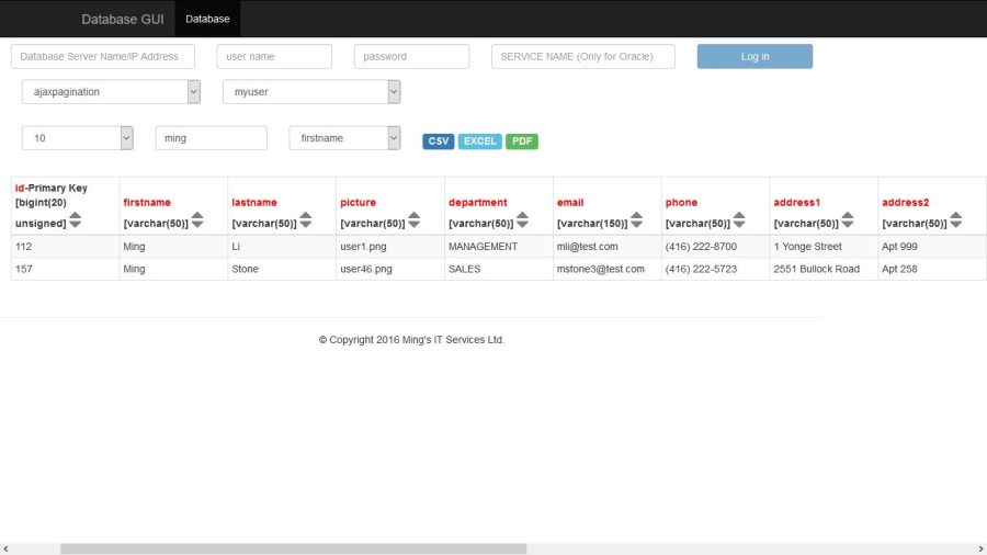 Database GUI website - query your database and get result on a webpage