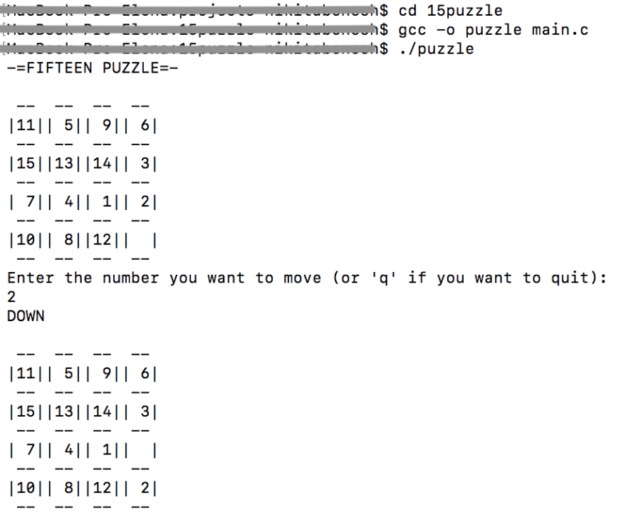 15 puzzle for MacOS and Linux terminal