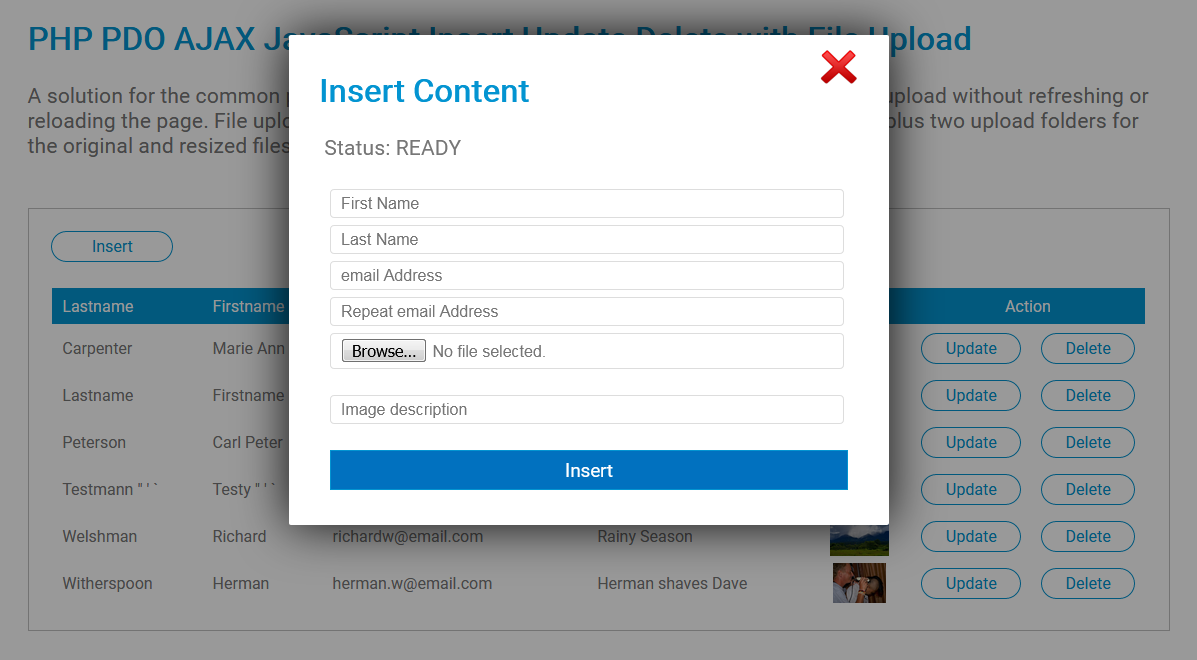 PHP PDO AJAX JavaScript Insert Update Delete with File Upload