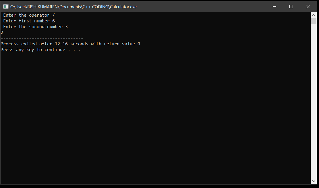 C++ Calculator program for addition, subtraction, division and multiplication 