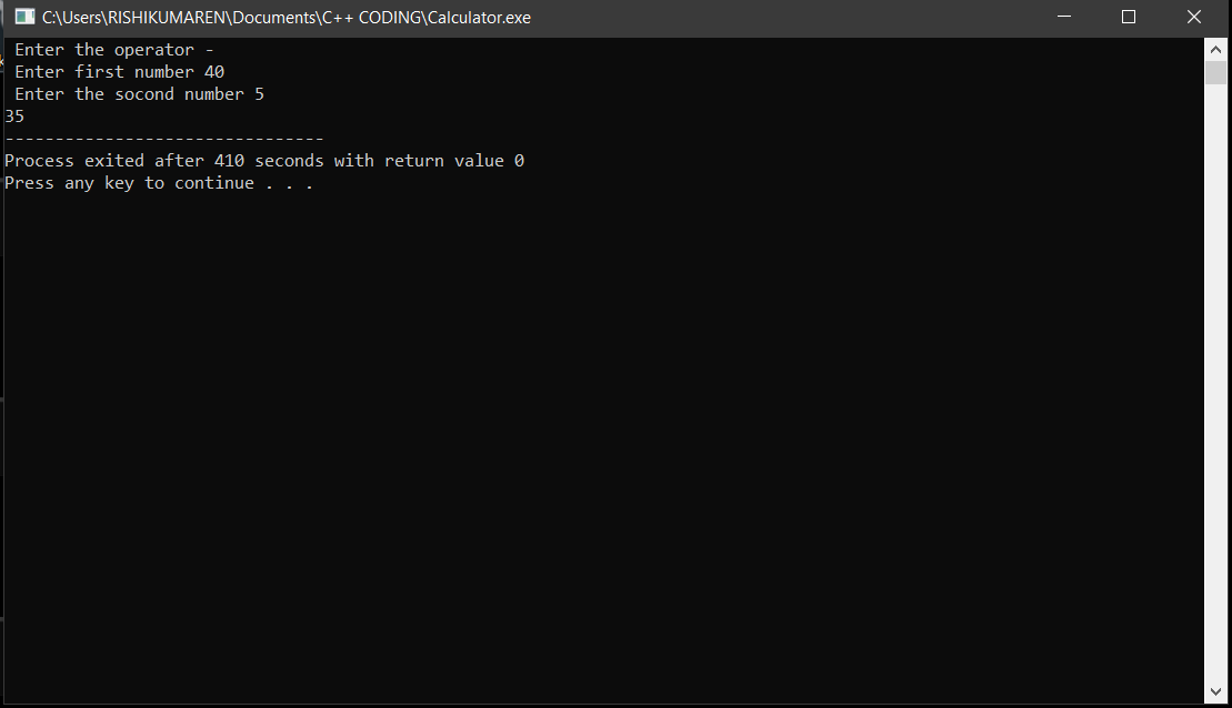 C++ Calculator program for addition, subtraction, division and multiplication 