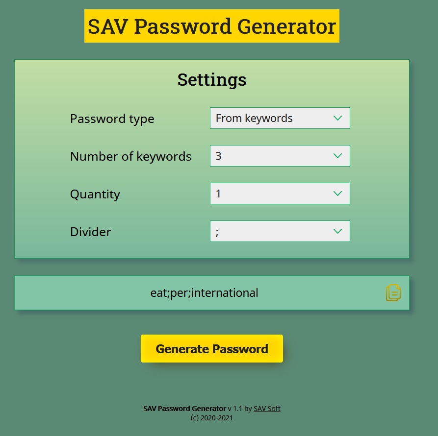 SAV Password Generator is a simple and convenient password generation script