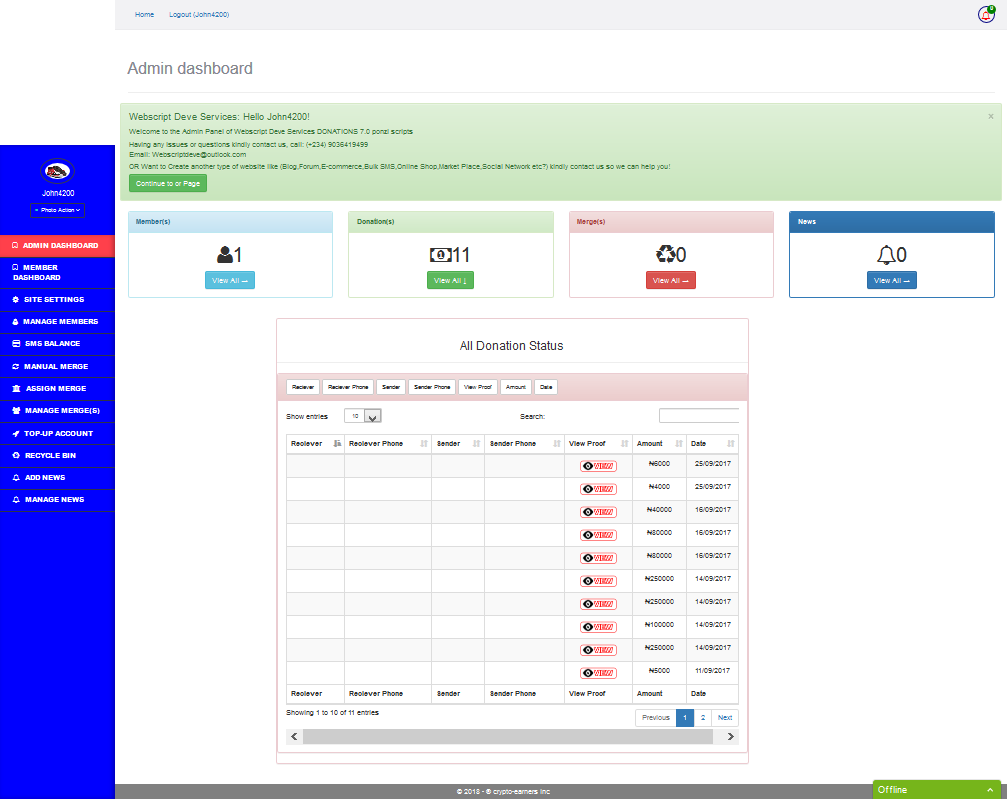 P2p crowd funding donation script with Btc, ETH & TBC payment system.
