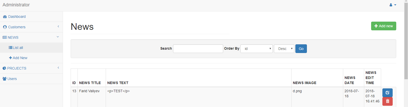 Admin Panel PHP  for news,projects,customers