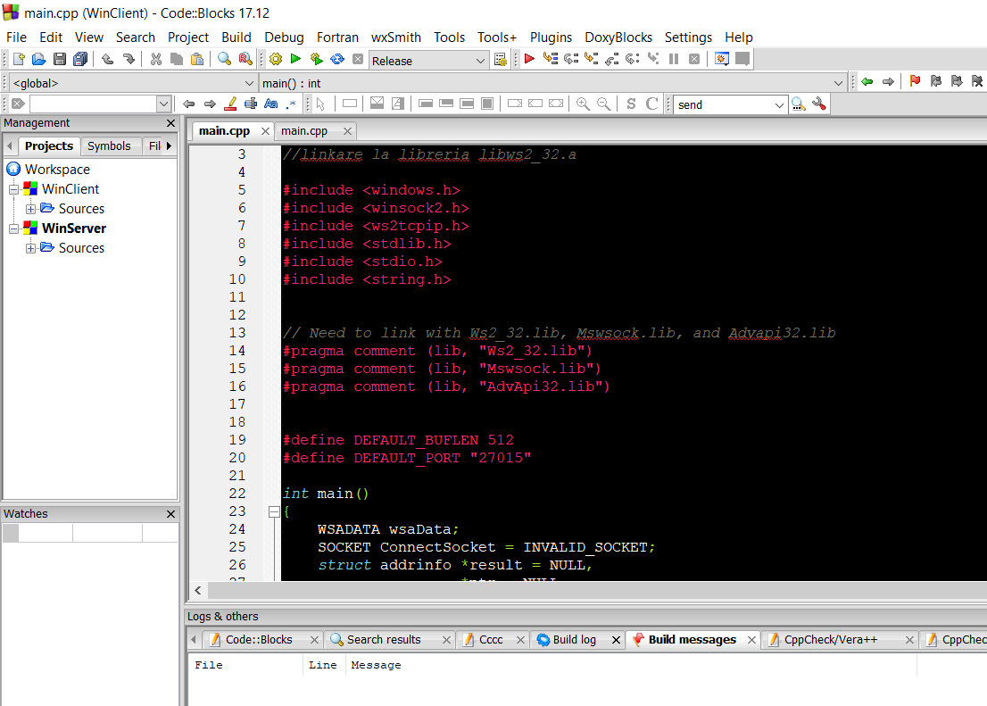 Client Server System programmed in C/C++ with codeblocks