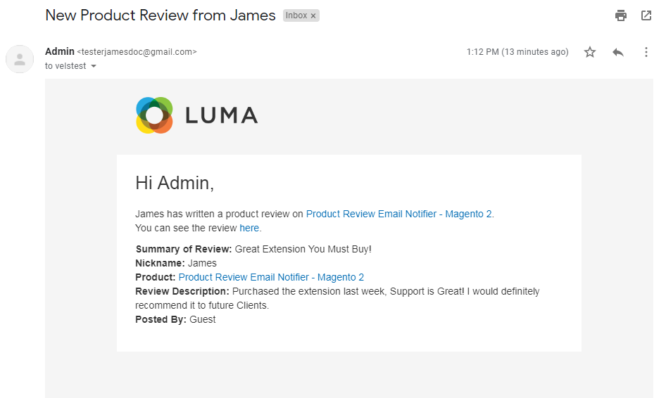 Product Review Email Notifier - Magento 2